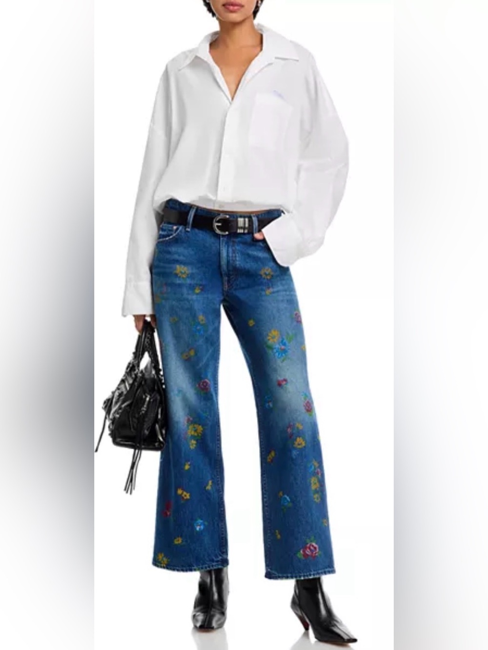 MOTHER Petites Lil Rerun Zip Sneak High Rise Wide Leg Jeans in Field of Flowers
